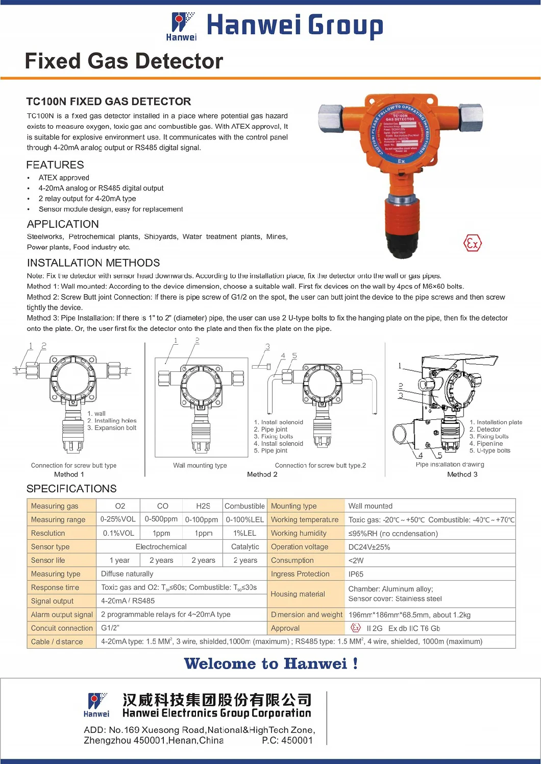 Explosion Proof Fixed Hydrogen Gas Detector with Control Panel H2 Analyzer