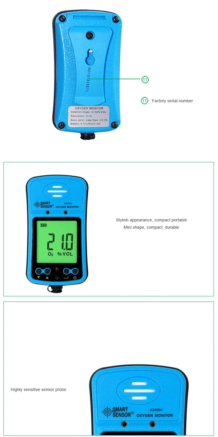 Handheld O2 Meter High Low Alarm Setting Digital Oxygen Gas Detector As8901