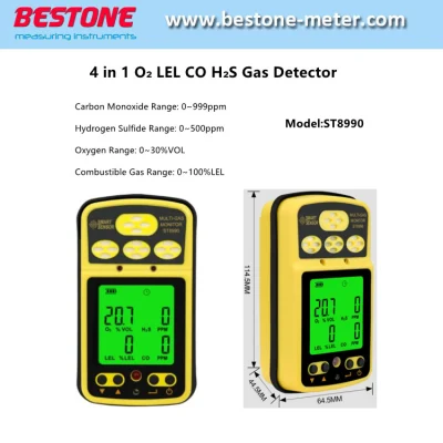 Gas Monitor 4 in 1 Carbon Monoxide, Hydrogen Sulfide, Oxygen, Combustible Gas Gas Detector Rechargeable Alarm Gas Analyzer with Backlight Alarm Function St8990