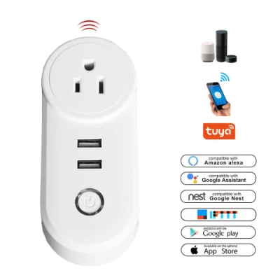 Smart Home 10A Us White Tuya WiFi Voice Remote Control Smart Plug with 2 USB Power Wall Socket Electrical Outlet